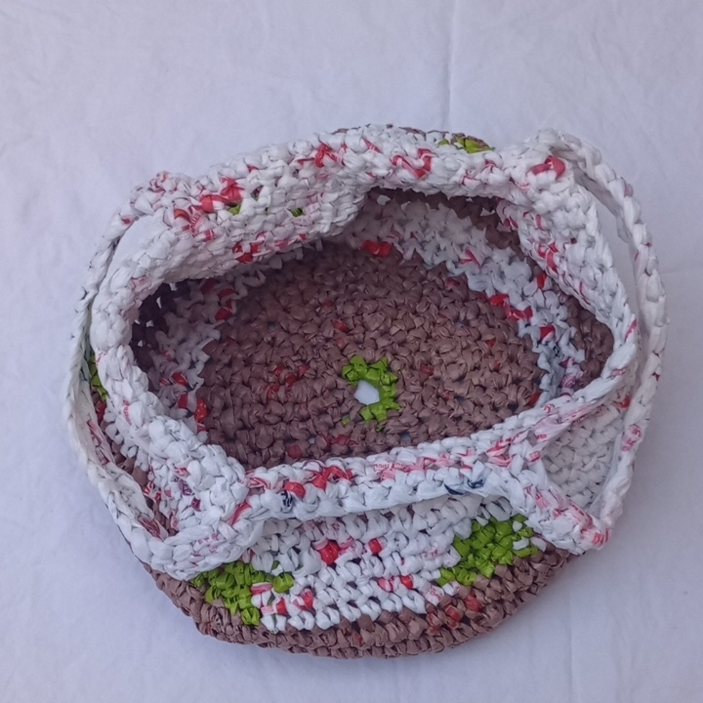 Handcrafted Woven Bag Upcycled Crochet Tote Storage Gift Daily White Brown